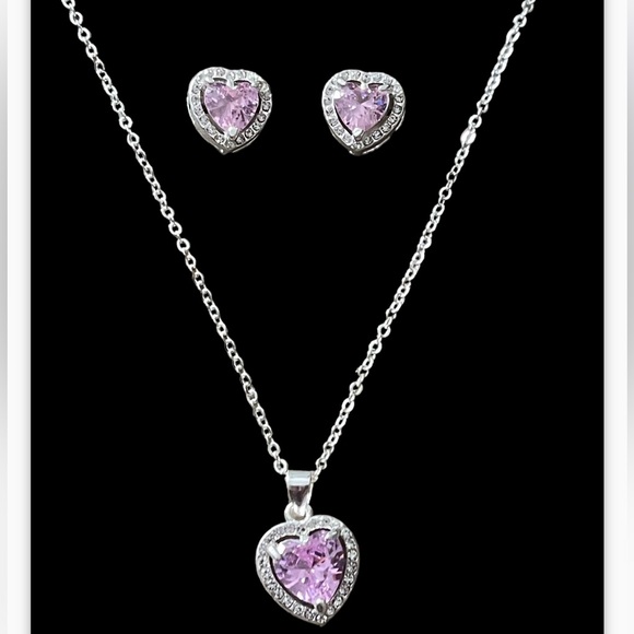 Pink Cubic Zirconia Heart 3 Piece Jewelry Set Pendant Silver Necklace Earrings - Picture 2 of 14